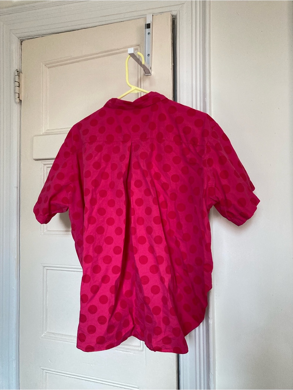 Sour Cherry Dot Tulip Top - bright pink button down short sleeve - Picture 3 of 6